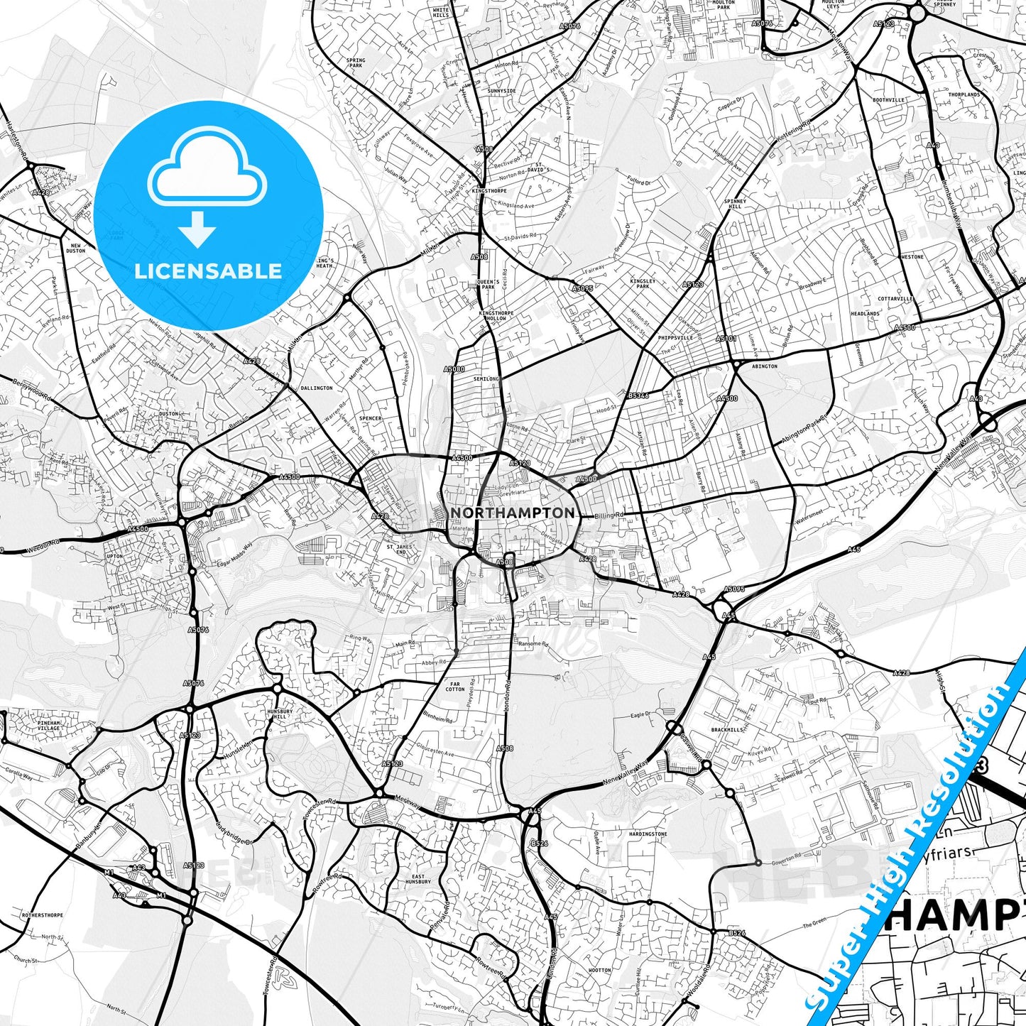 Northampton, England Light Map with Street Names, City Names, and Districts