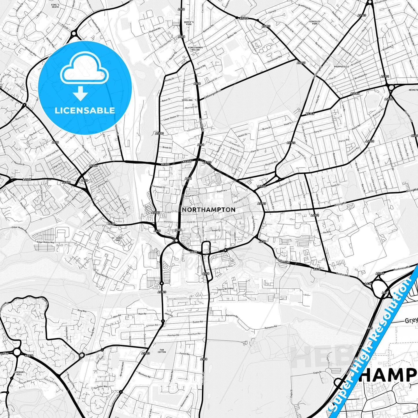 Northampton, England Light Map with Street Names, City Names, and Districts