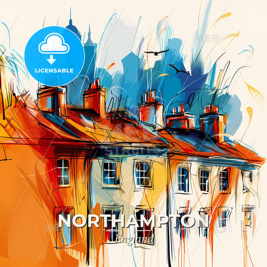 Vibrant Northampton, England - A Painting Of A Row Of Houses - Square format print template