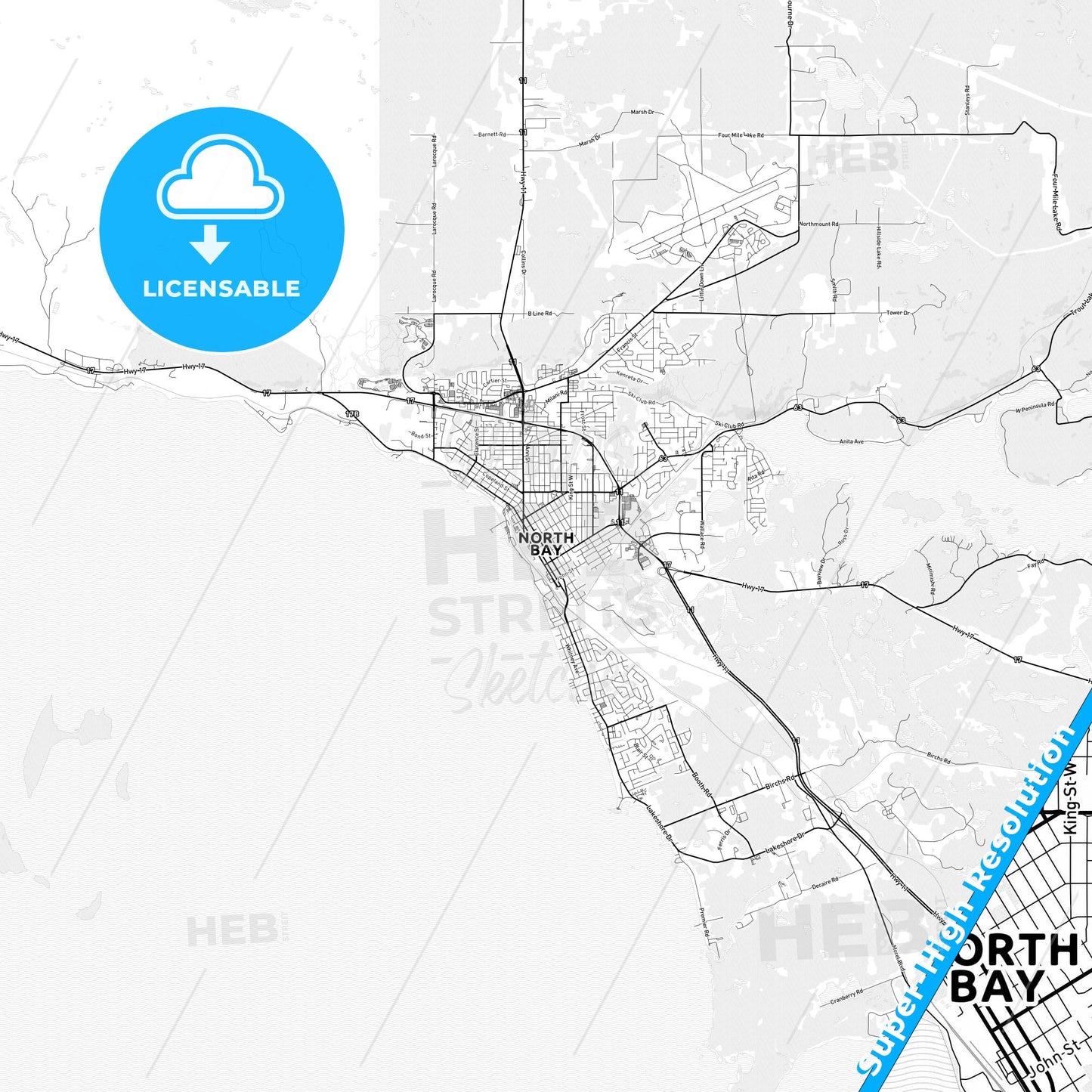North Bay, Canada light map with streetnames, citynames and districts