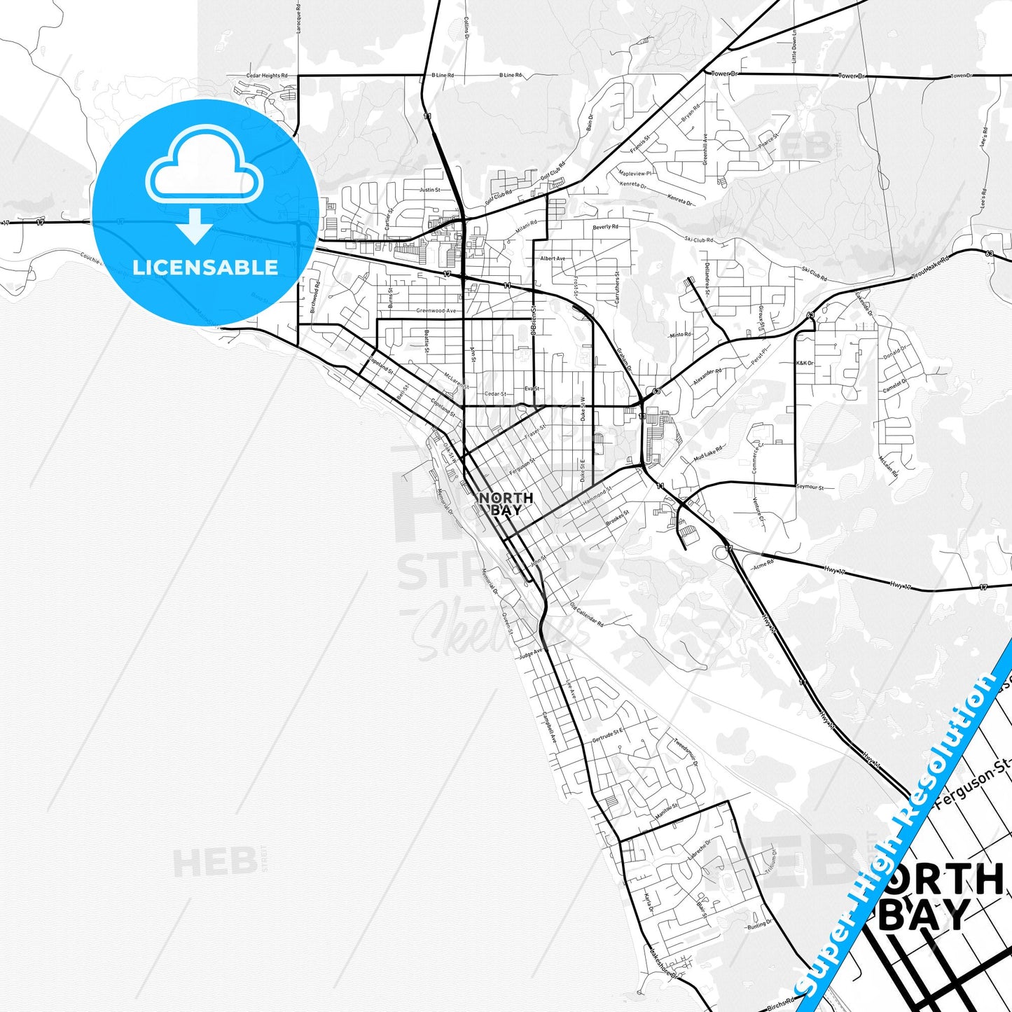 North Bay, Canada Light Map with Street Names, City Names, and Districts