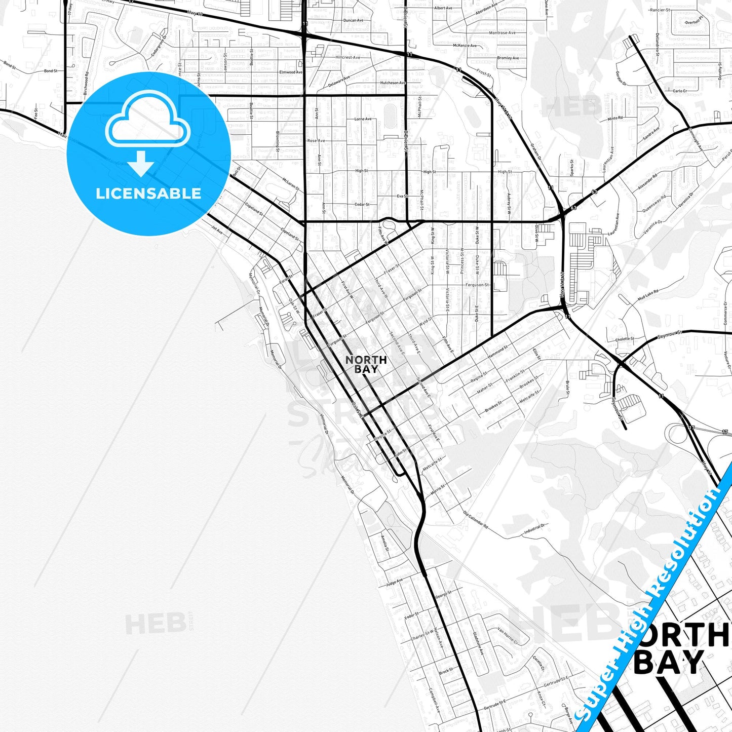 North Bay, Canada Light Map with Street Names, City Names, and Districts