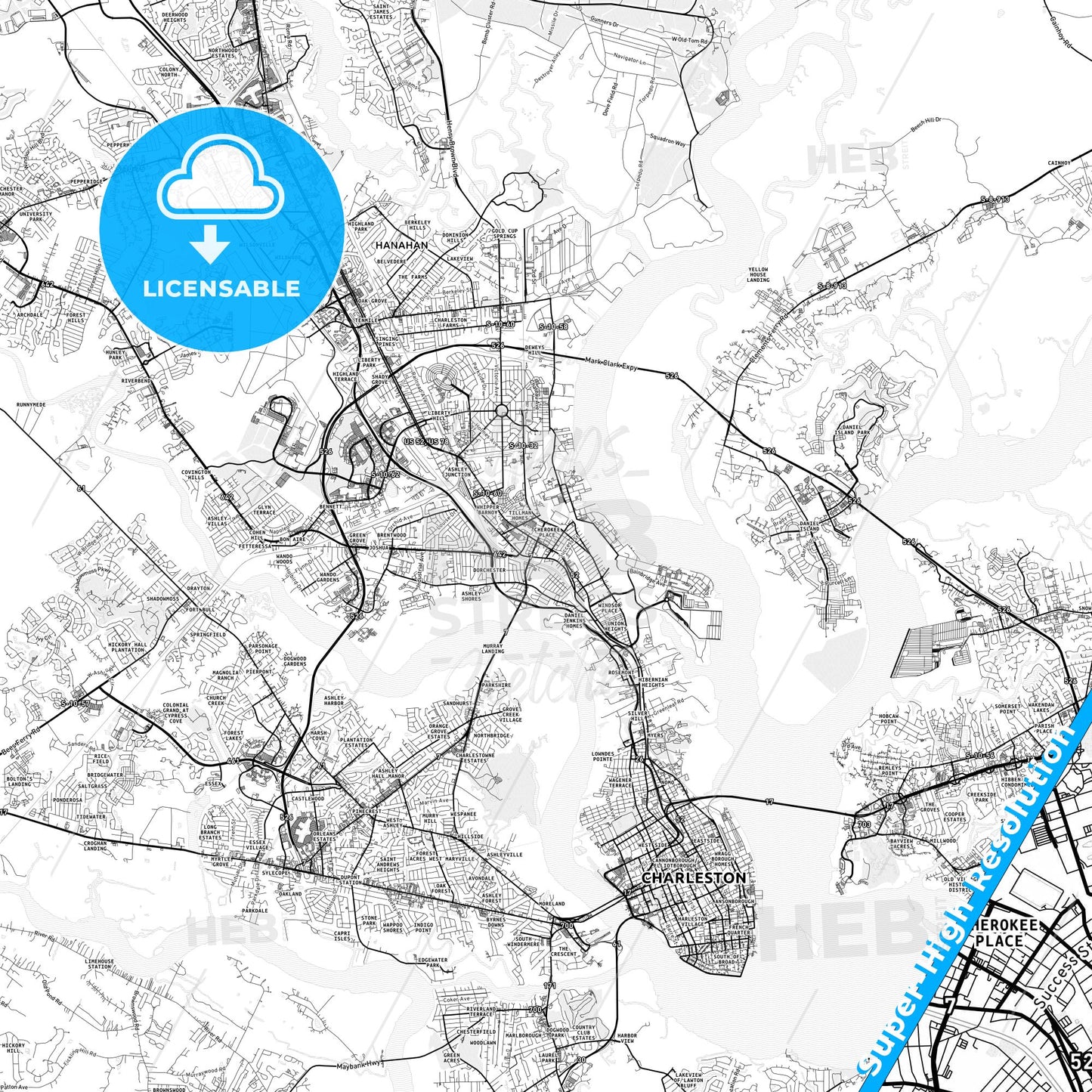 North Charleston, South Carolina light map with streetnames, citynames and districts