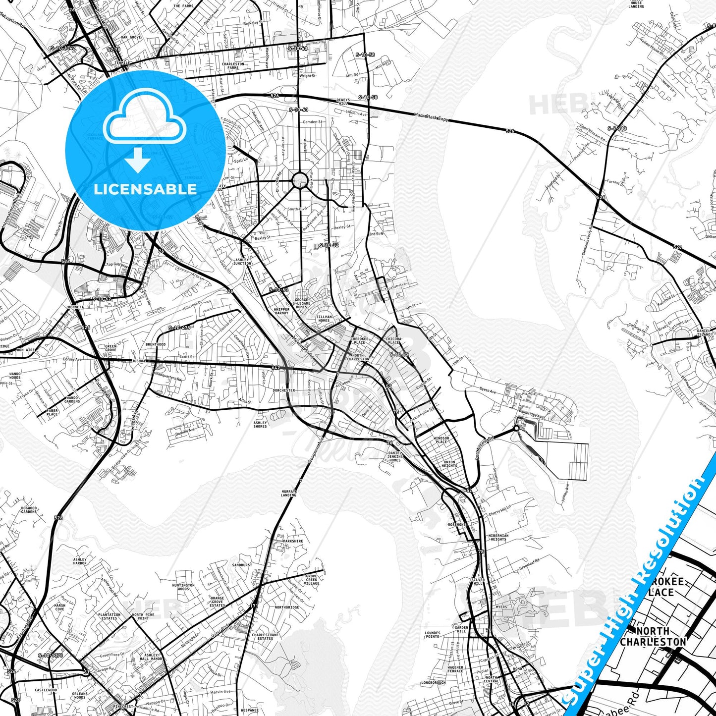 North Charleston, South Carolina Light Map with Street Names, City Names, and Districts