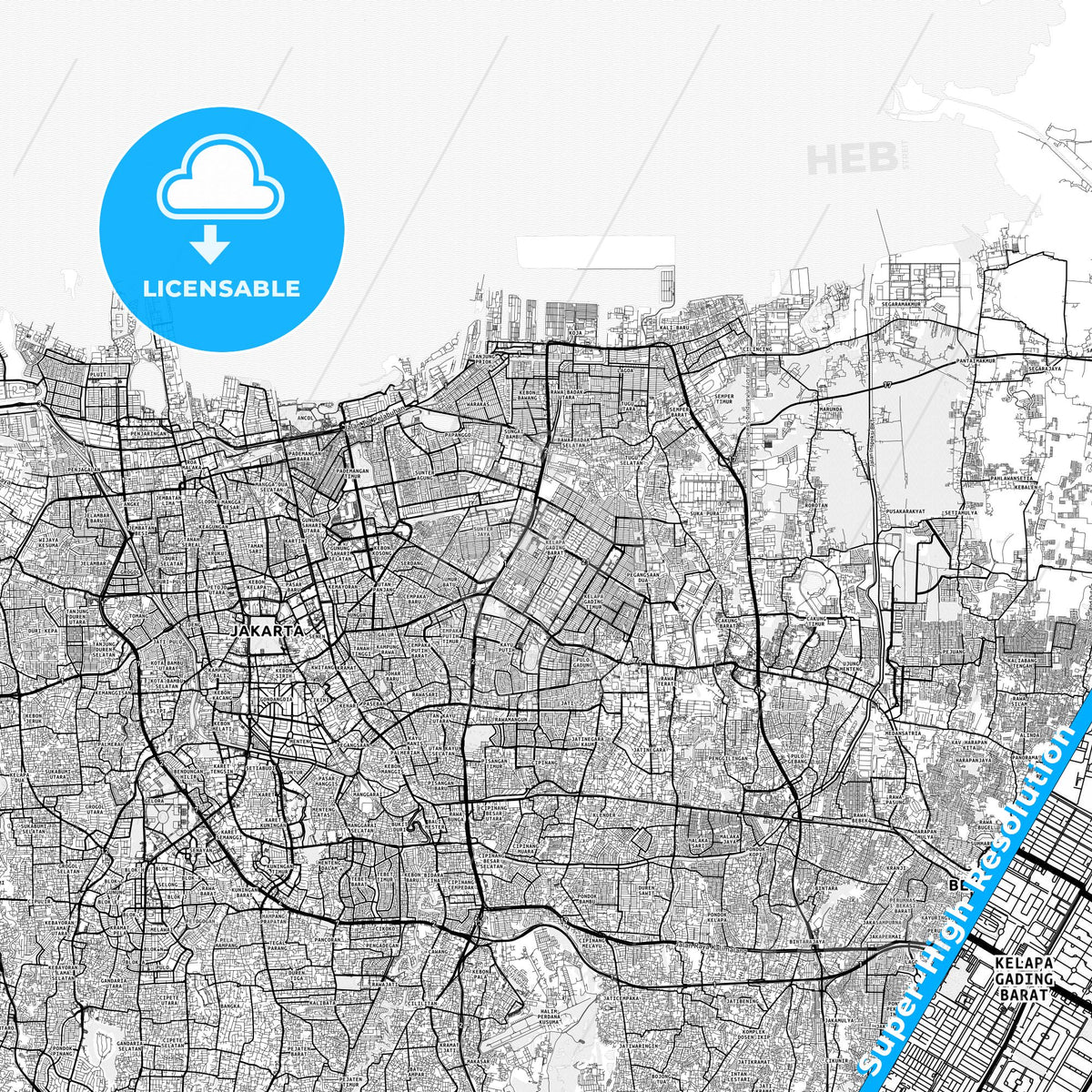 North Jakarta, Indonesia light map with streetnames, citynames and districts