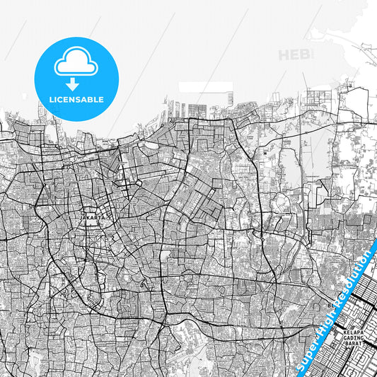 North Jakarta, Indonesia light map with streetnames, citynames and districts