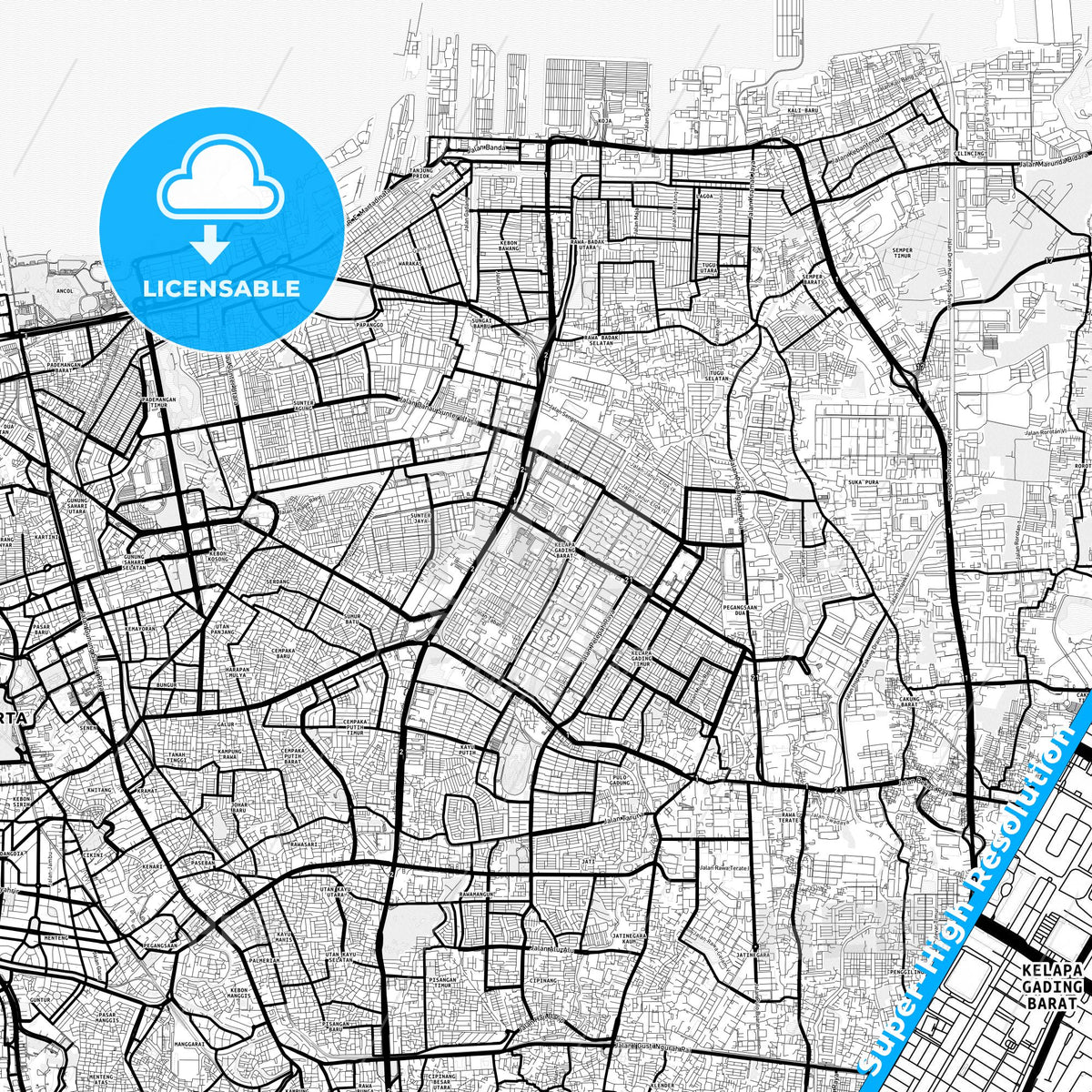 North Jakarta, Indonesia Light Map with Street Names, City Names, and Districts