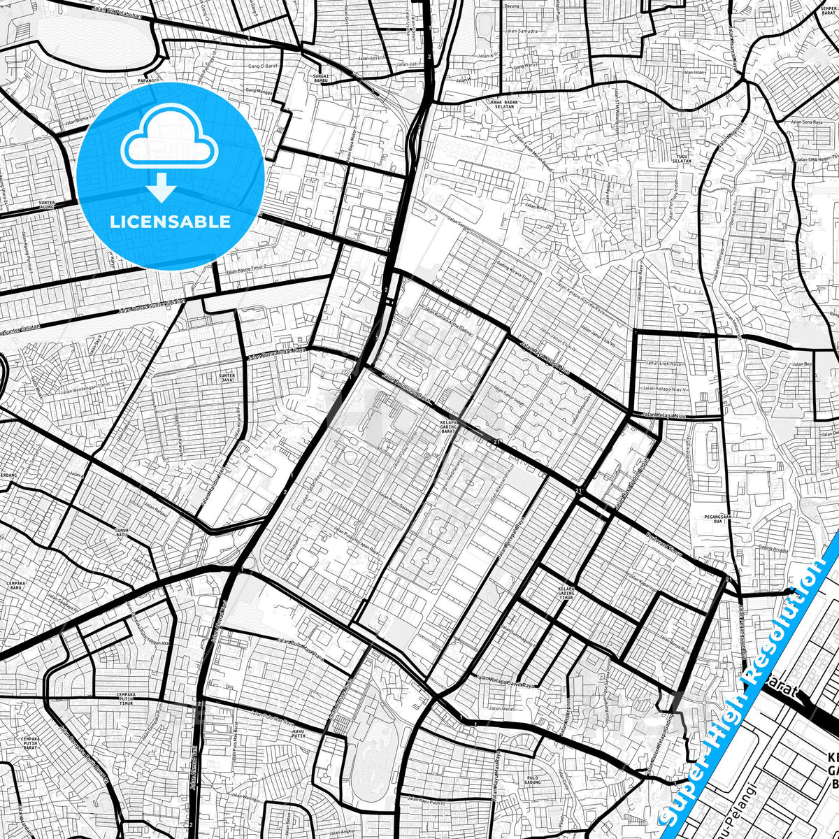 North Jakarta, Indonesia Light Map with Street Names, City Names, and Districts
