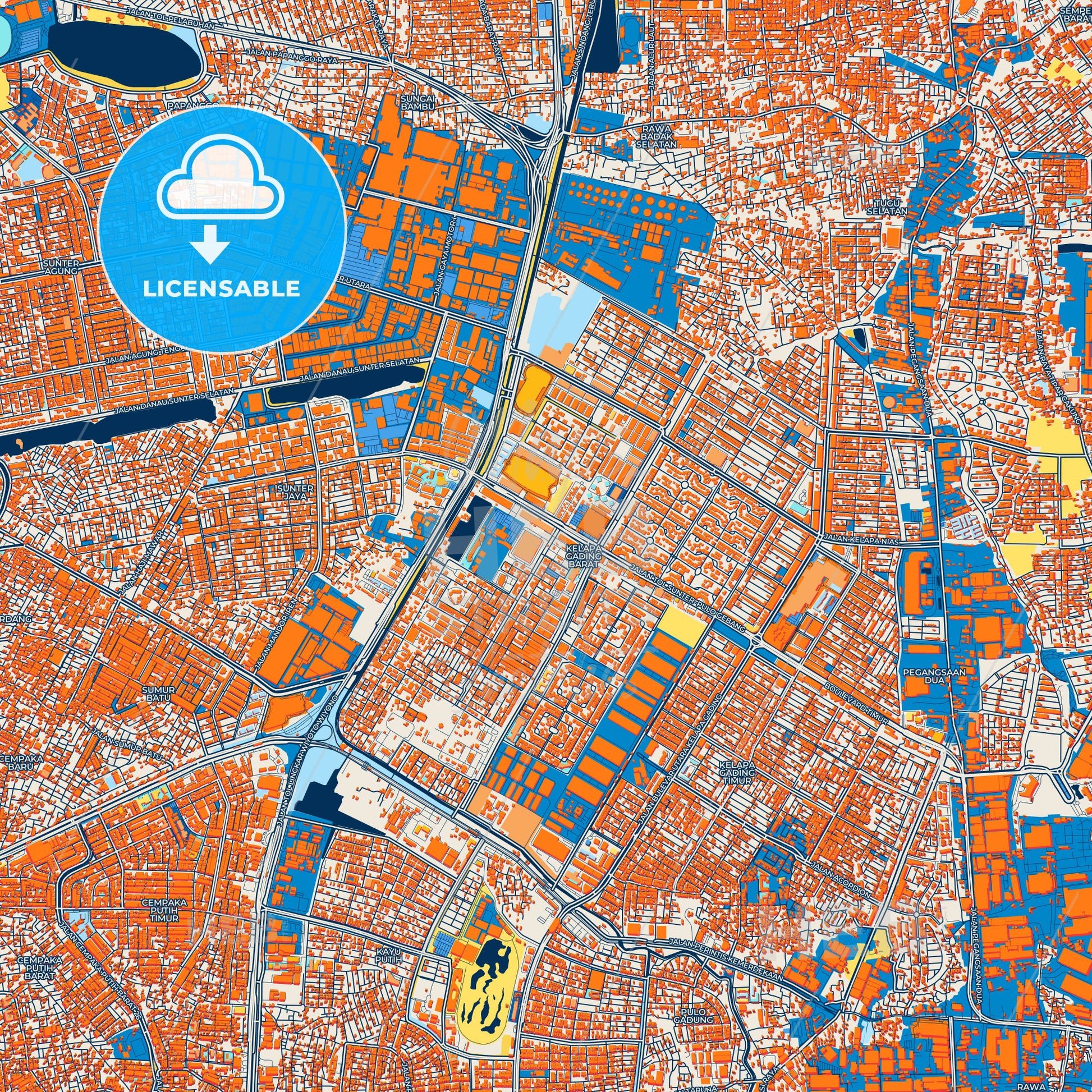 Colorful North Jakarta Street Map with Labels and Buildings