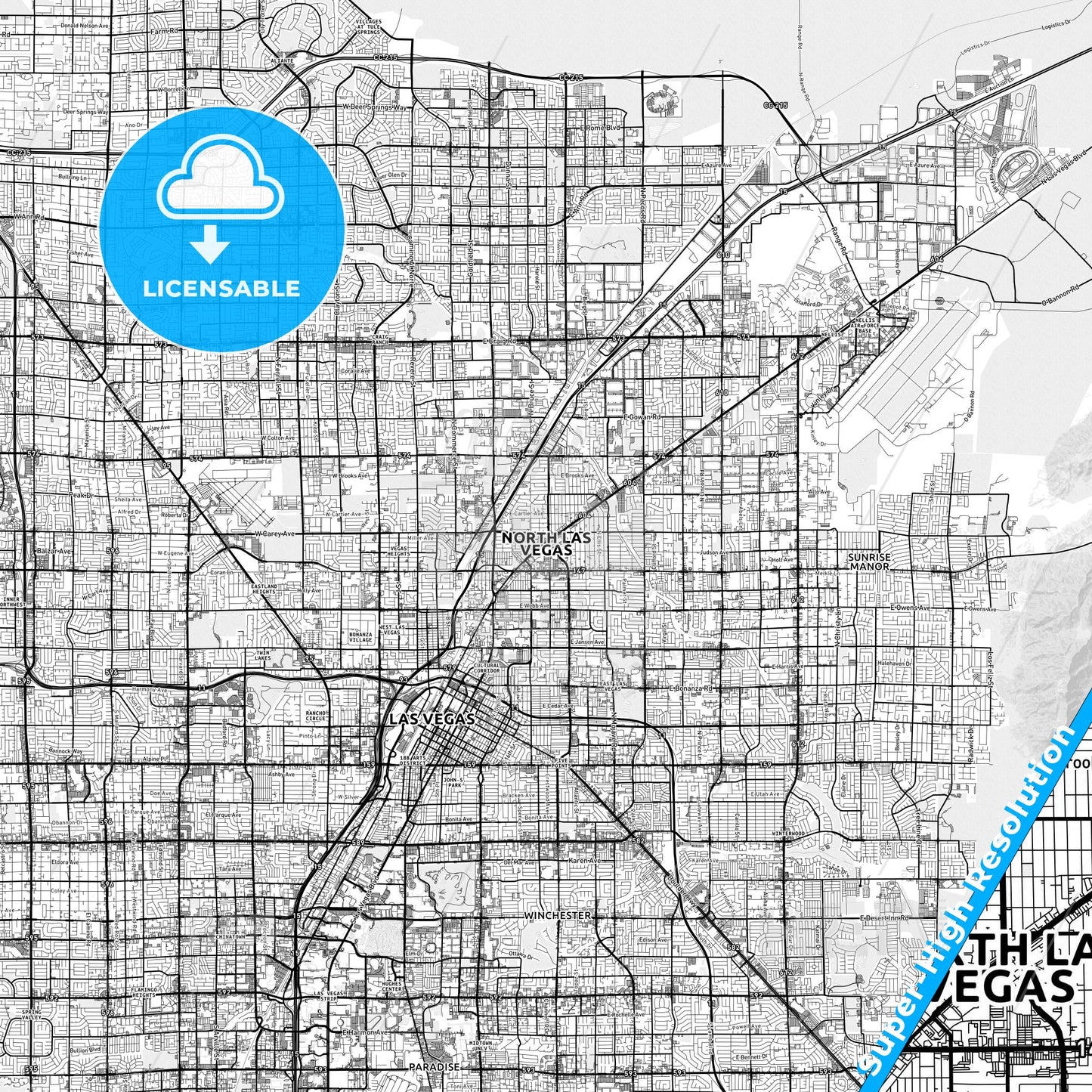 North Las Vegas, Nevada light map with streetnames, citynames and districts