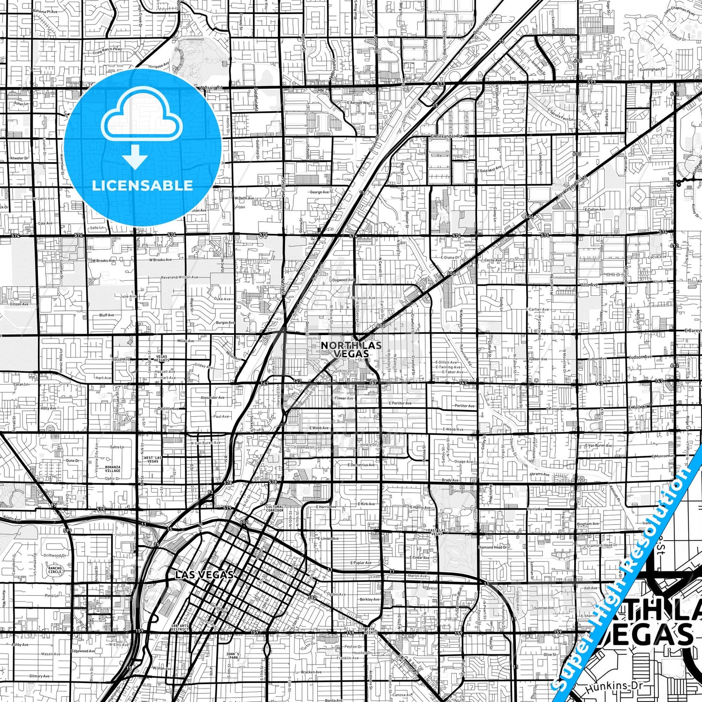 North Las Vegas, Nevada Light Map with Street Names, City Names, and Districts