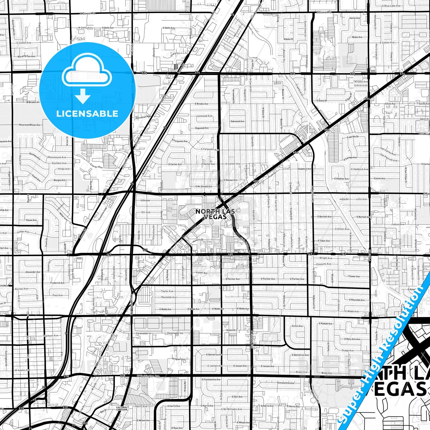 North Las Vegas, Nevada Light Map with Street Names, City Names, and Districts