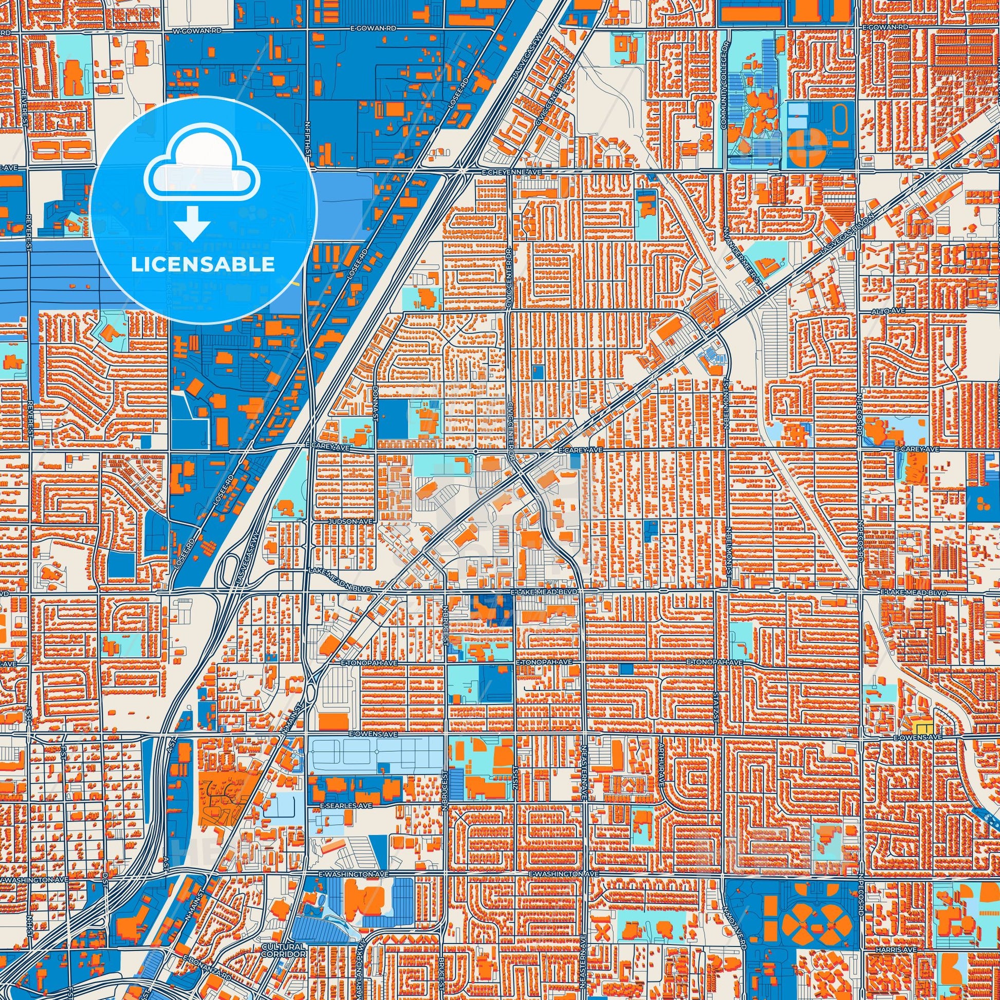 Colorful North Las Vegas Street Map with Labels and Buildings