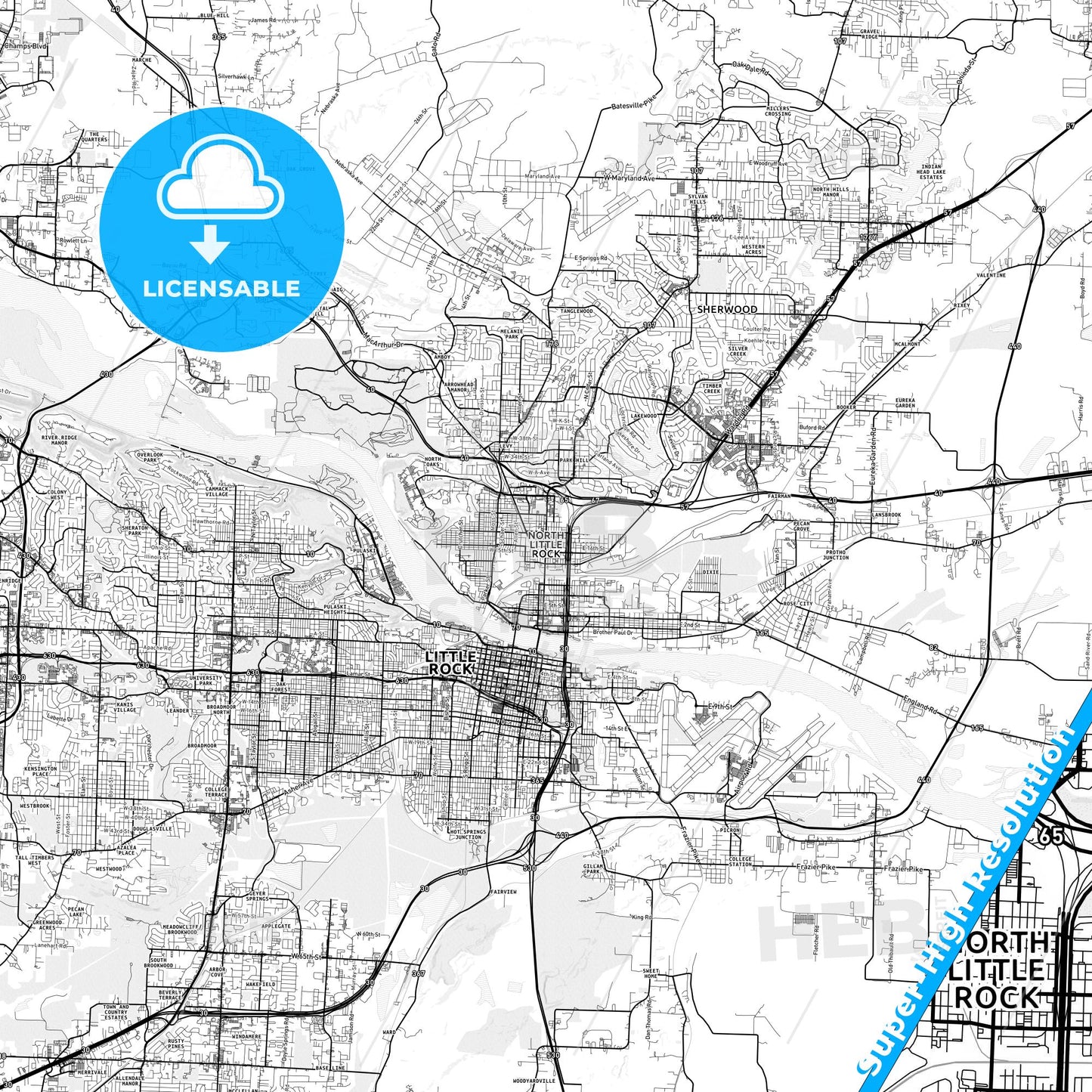 North Little Rock, Arkansas light map with streetnames, citynames and districts