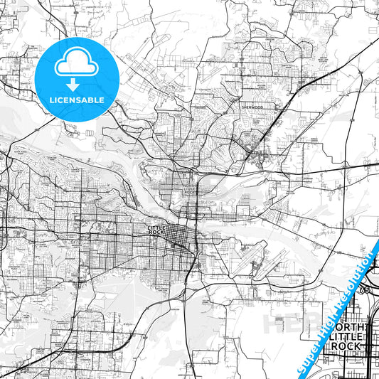 North Little Rock, Arkansas light map with streetnames, citynames and districts