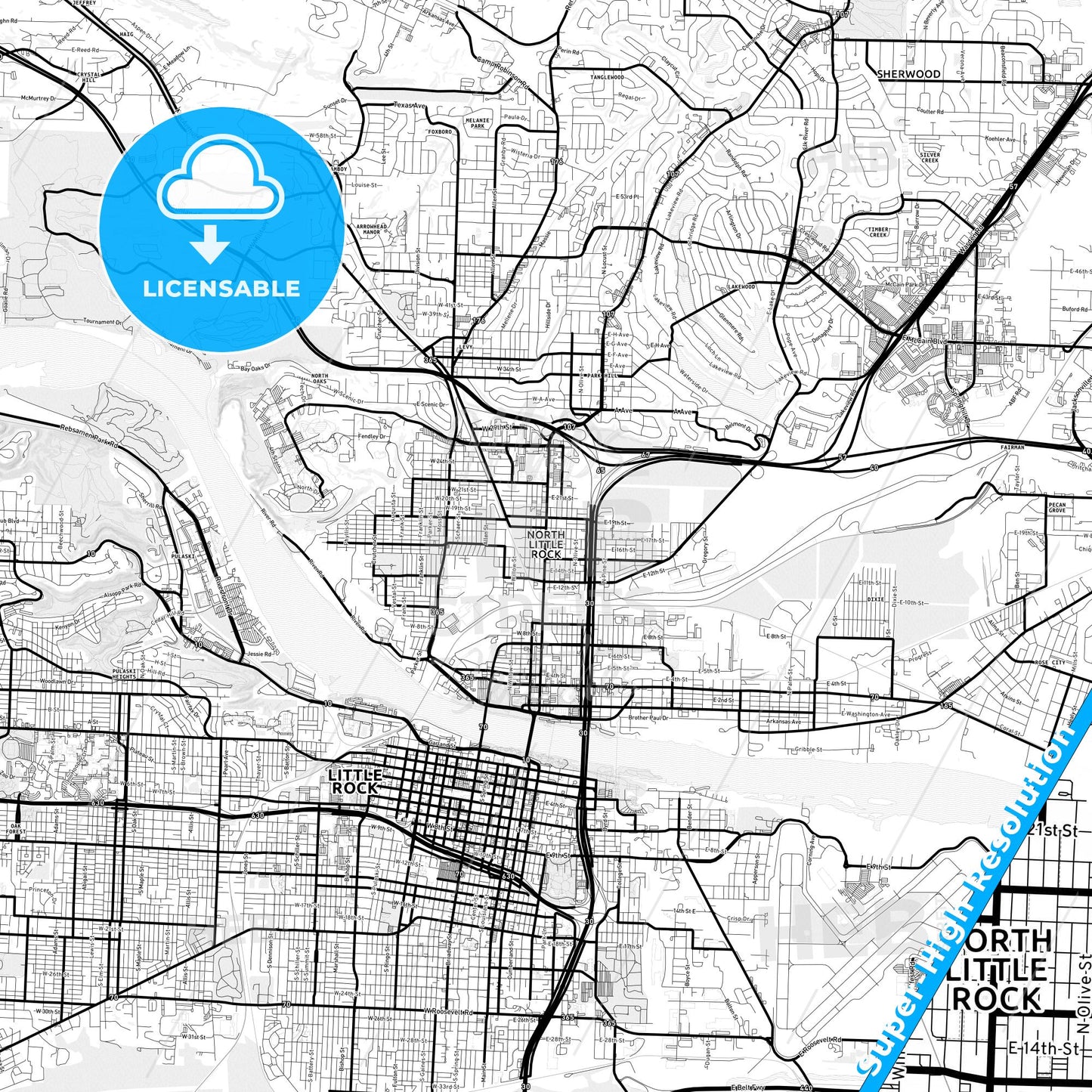 North Little Rock, Arkansas Light Map with Street Names, City Names, and Districts