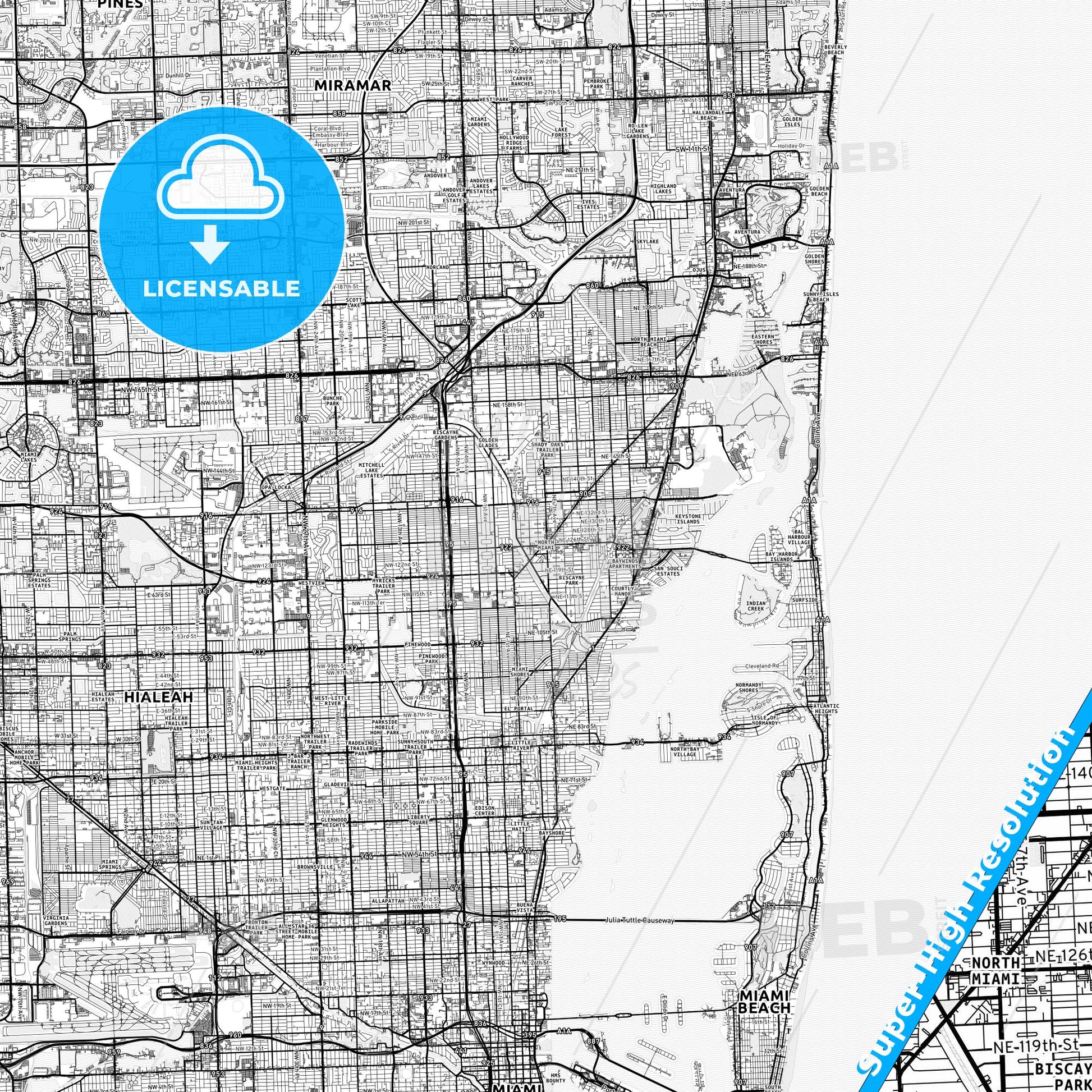 North Miami, Florida light map with streetnames, citynames and districts