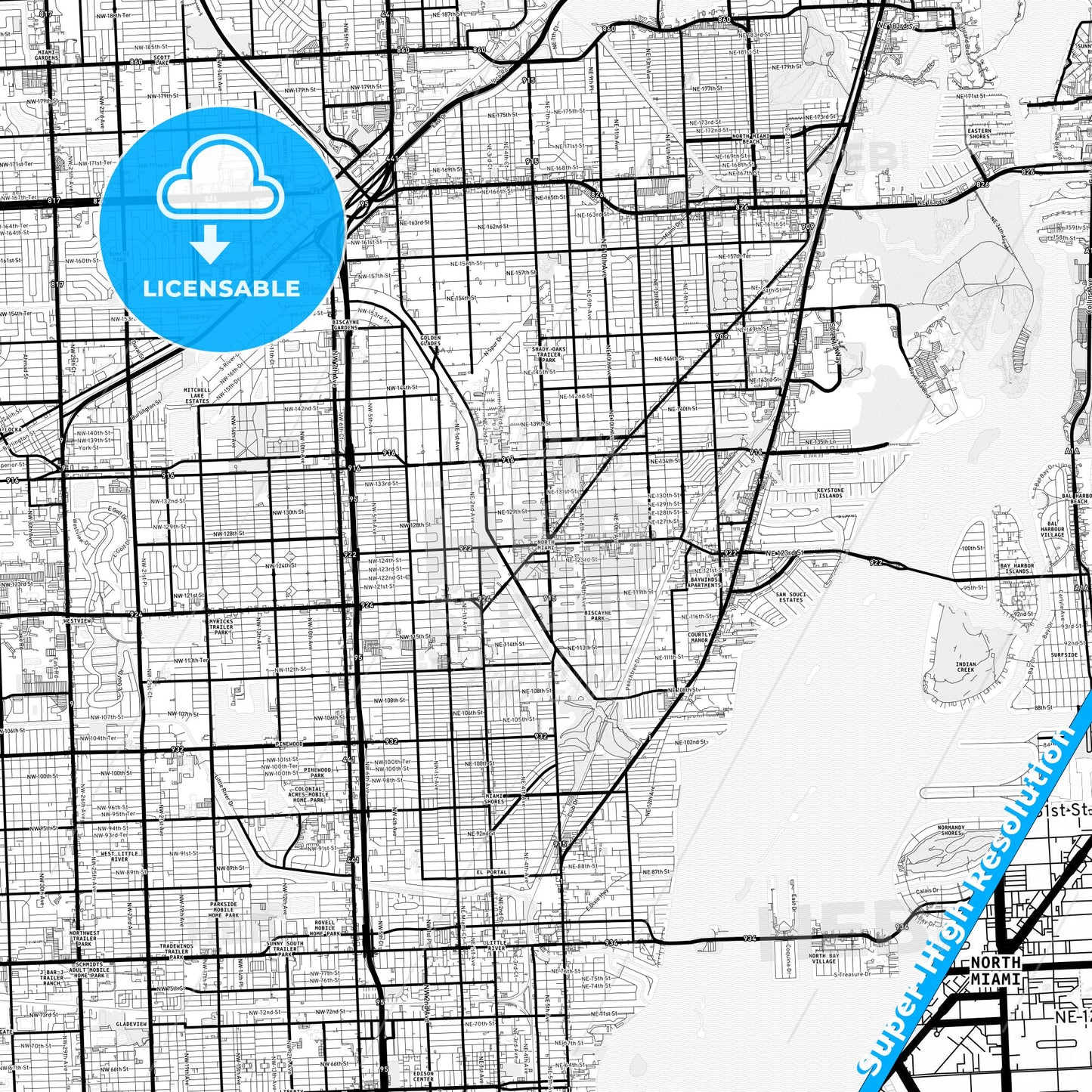 North Miami, Florida Light Map with Street Names, City Names, and Districts