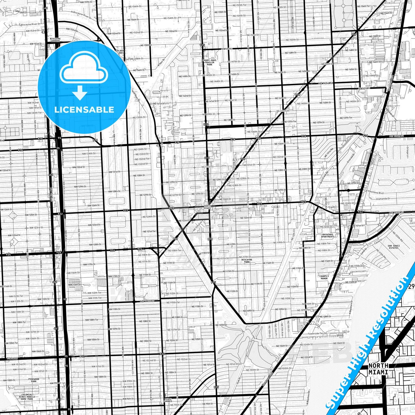 North Miami, Florida Light Map with Street Names, City Names, and Districts