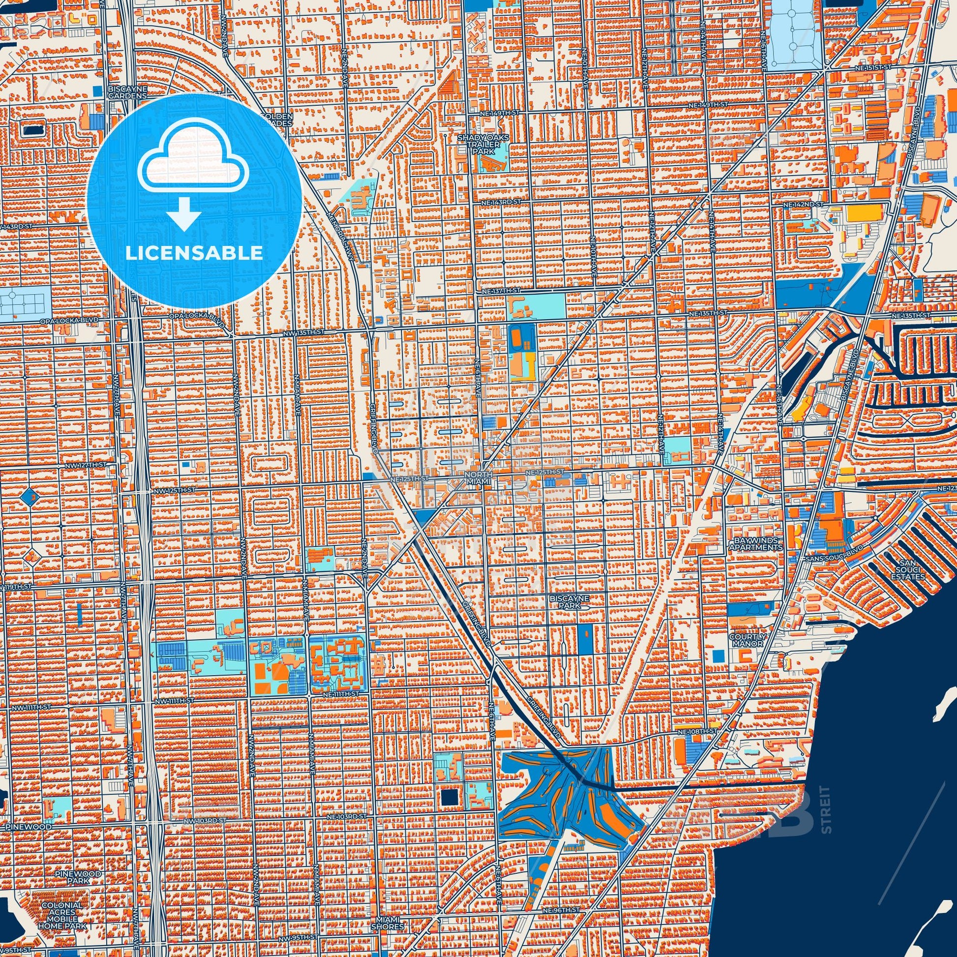 Colorful North Miami Street Map with Labels and Buildings