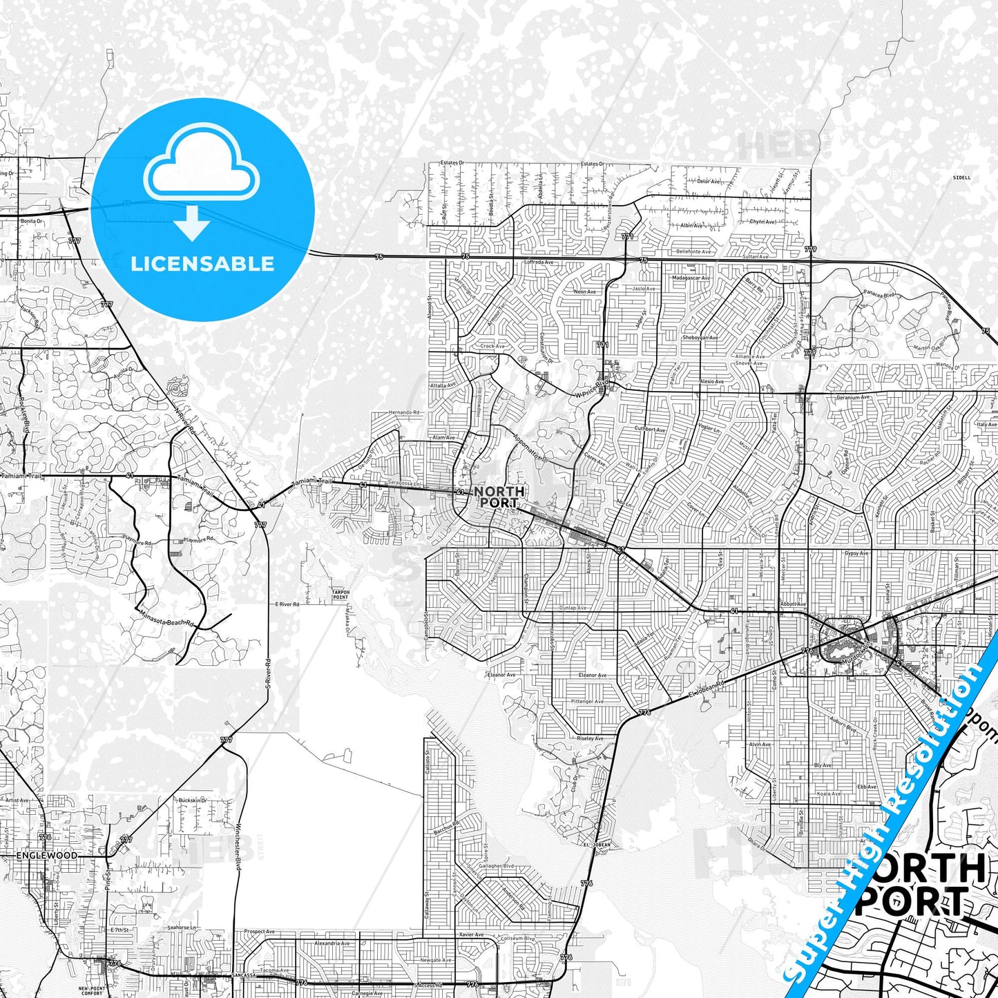 North Port, Florida light map with streetnames, citynames and districts