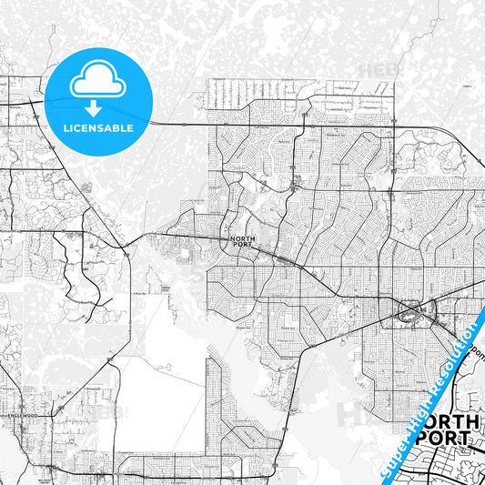 North Port, Florida light map with streetnames, citynames and districts