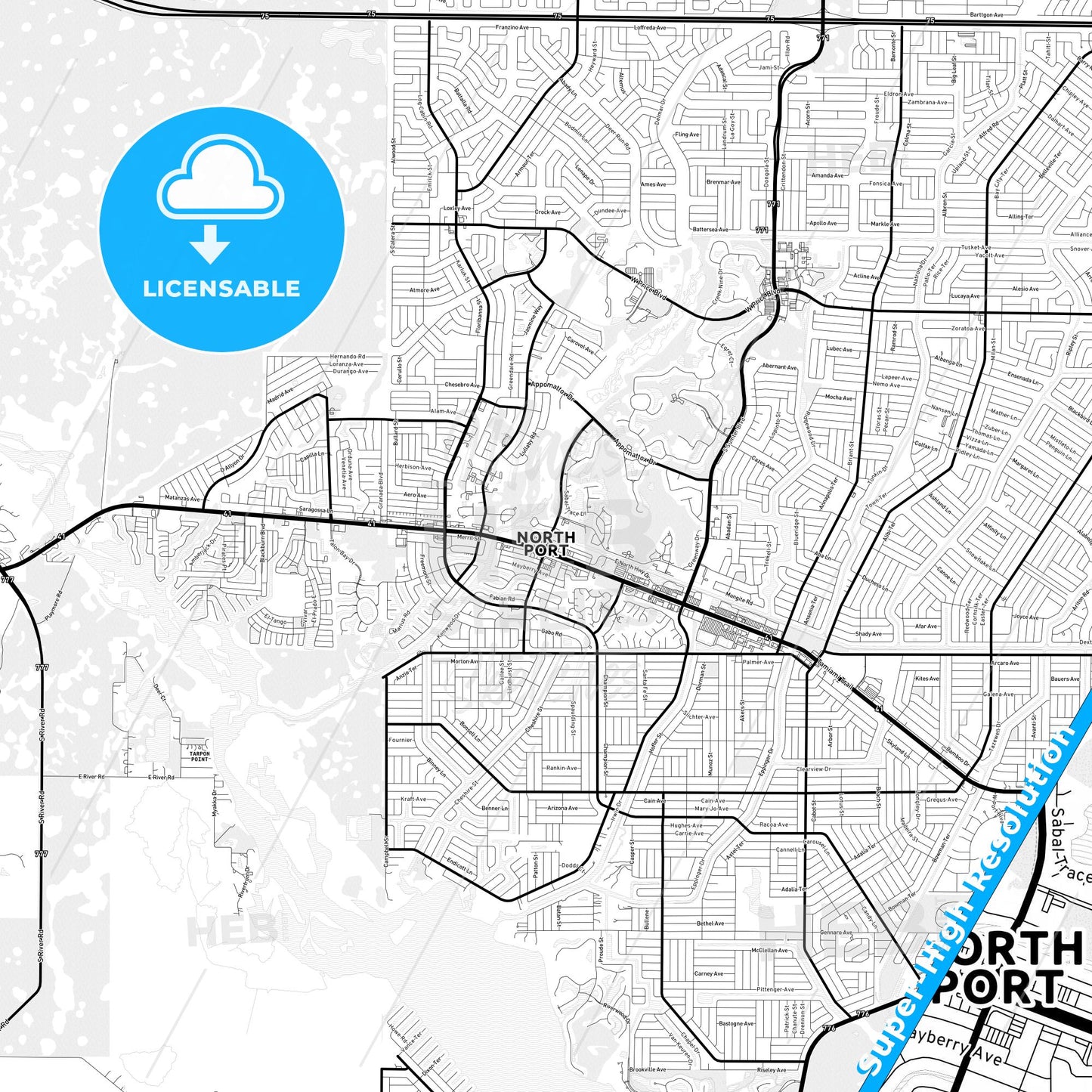 North Port, Florida Light Map with Street Names, City Names, and Districts