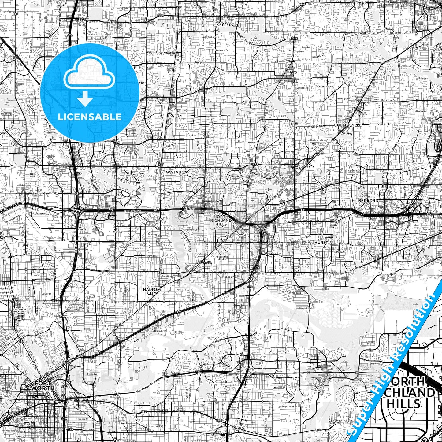 North Richland Hills, Texas light map with streetnames, citynames and districts