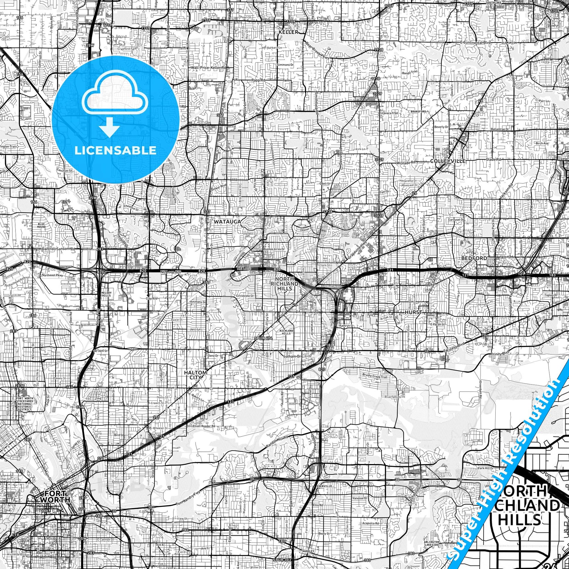 North Richland Hills, Texas light map with streetnames, citynames and districts