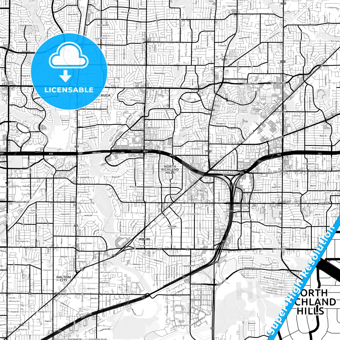 North Richland Hills, Texas Light Map with Street Names, City Names, and Districts