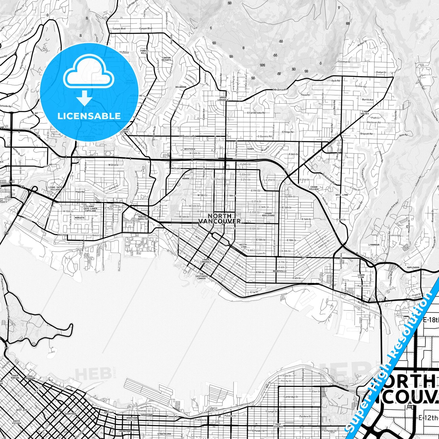 North Vancouver, Canada Light Map with Street Names, City Names, and Districts