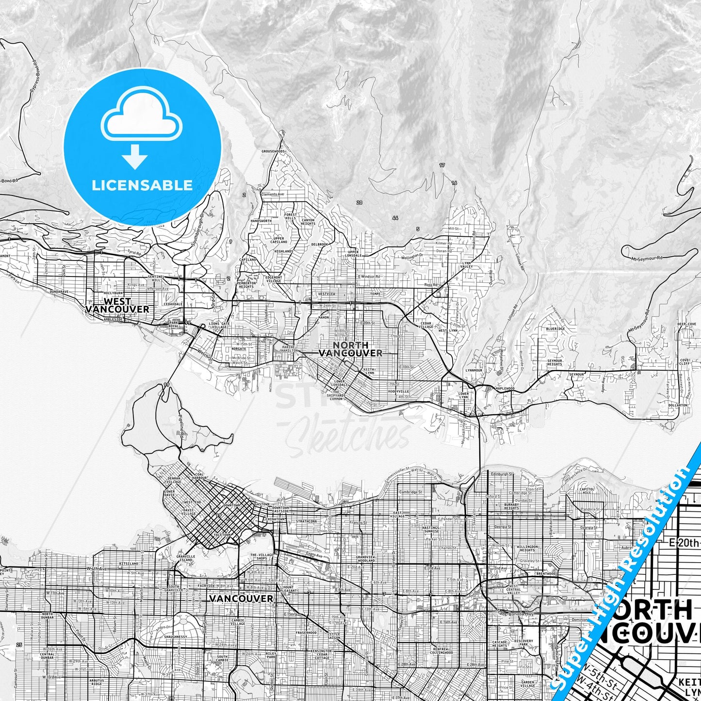 North Vancouver, Canada light map with streetnames, citynames and districts
