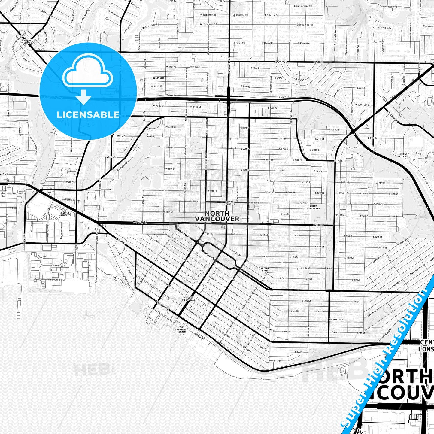 North Vancouver, Canada Light Map with Street Names, City Names, and Districts
