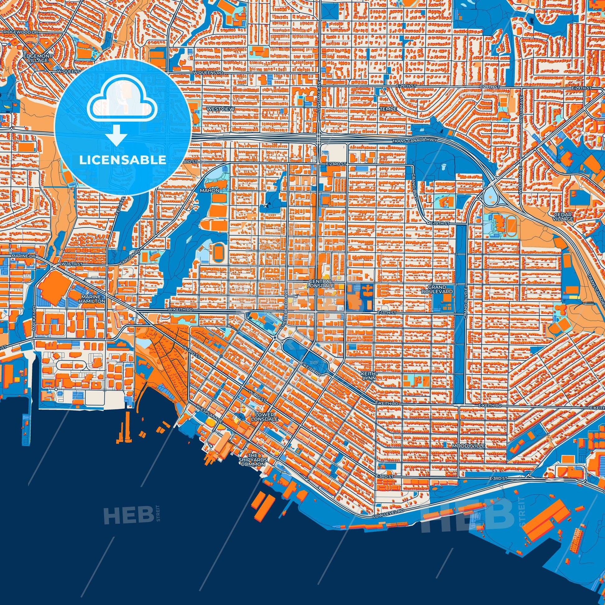 Colorful North Vancouver Street Map with Labels and Buildings
