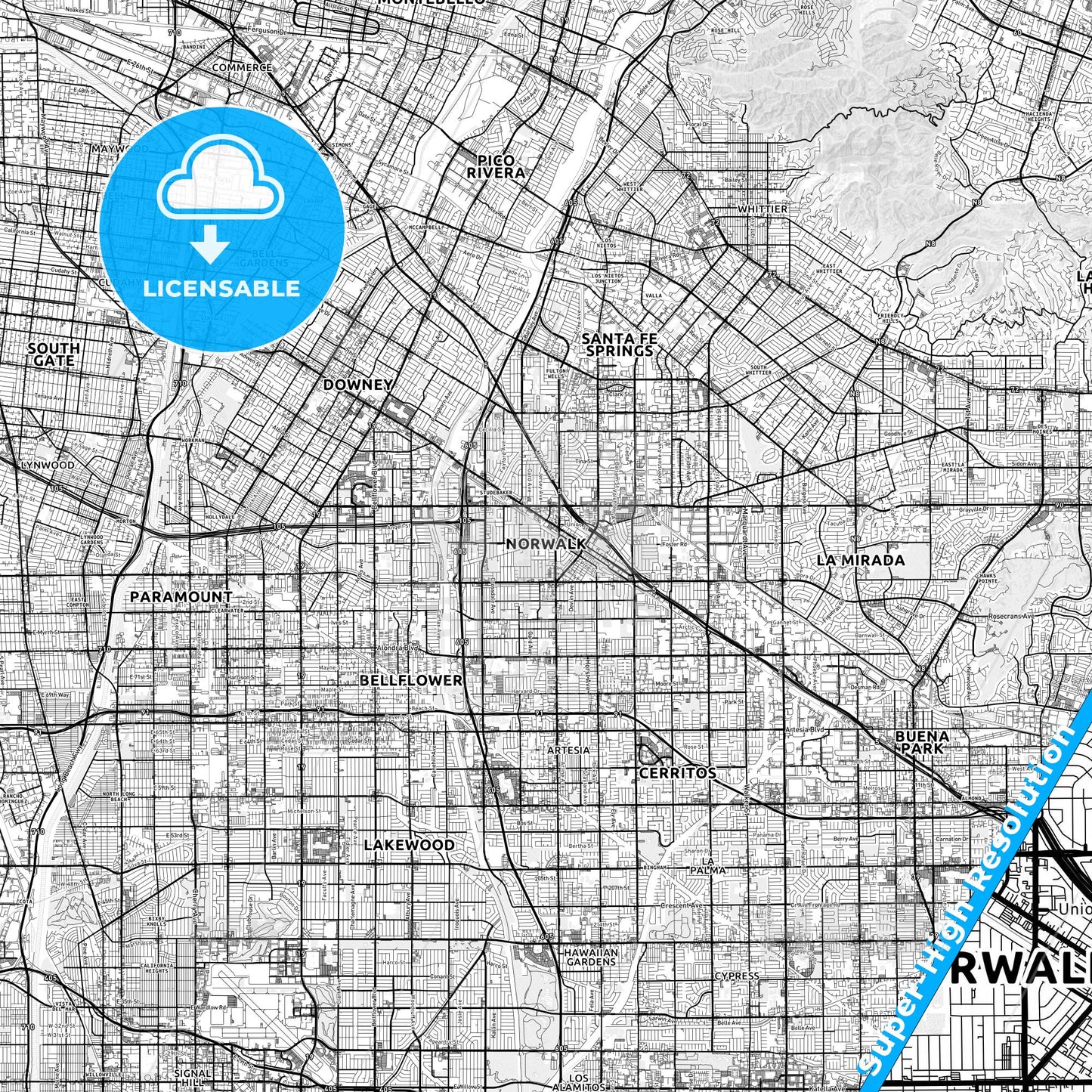 Norwalk, California light map with streetnames, citynames and districts