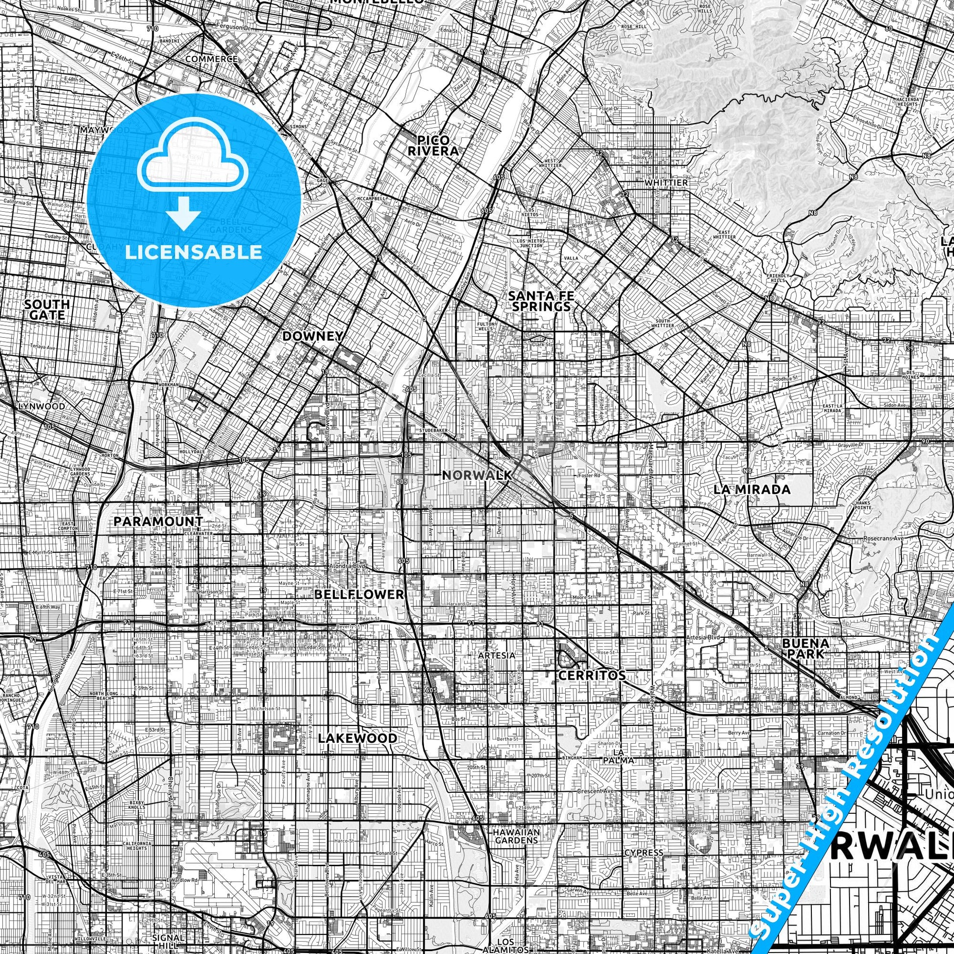 Norwalk, California light map with streetnames, citynames and districts