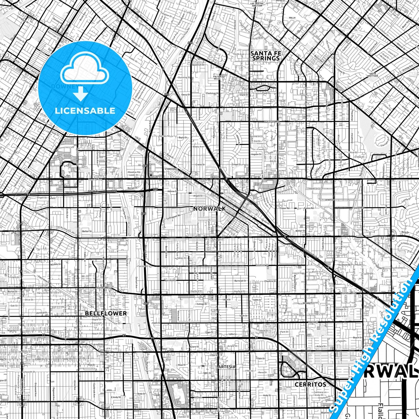 Norwalk, California Light Map with Street Names, City Names, and Districts