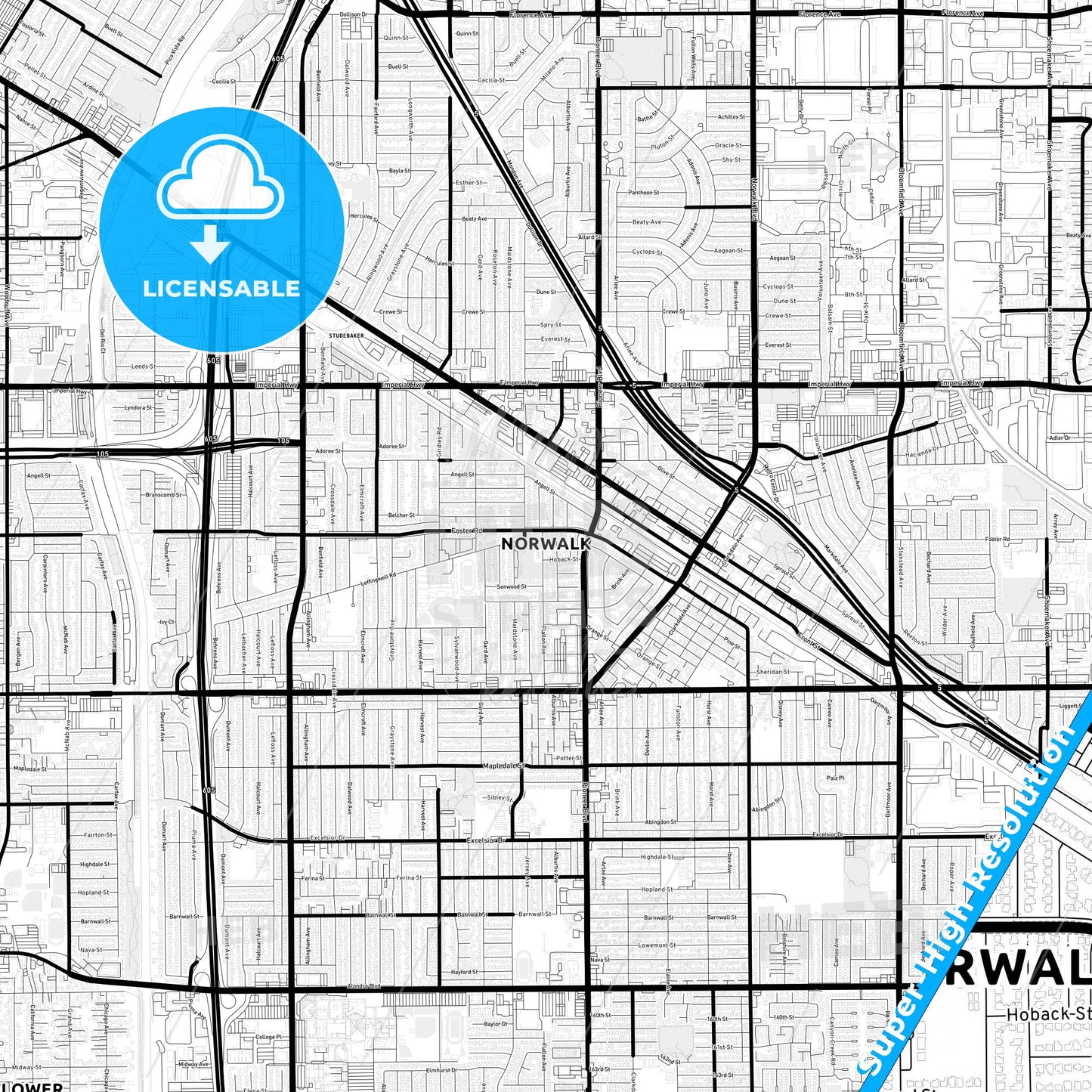 Norwalk, California Light Map with Street Names, City Names, and Districts