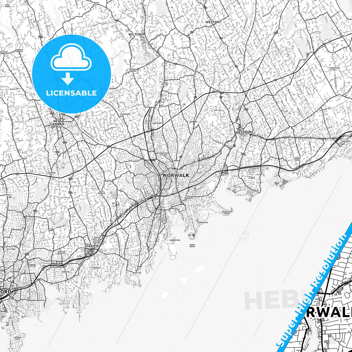 Norwalk, Connecticut light map with streetnames, citynames and districts