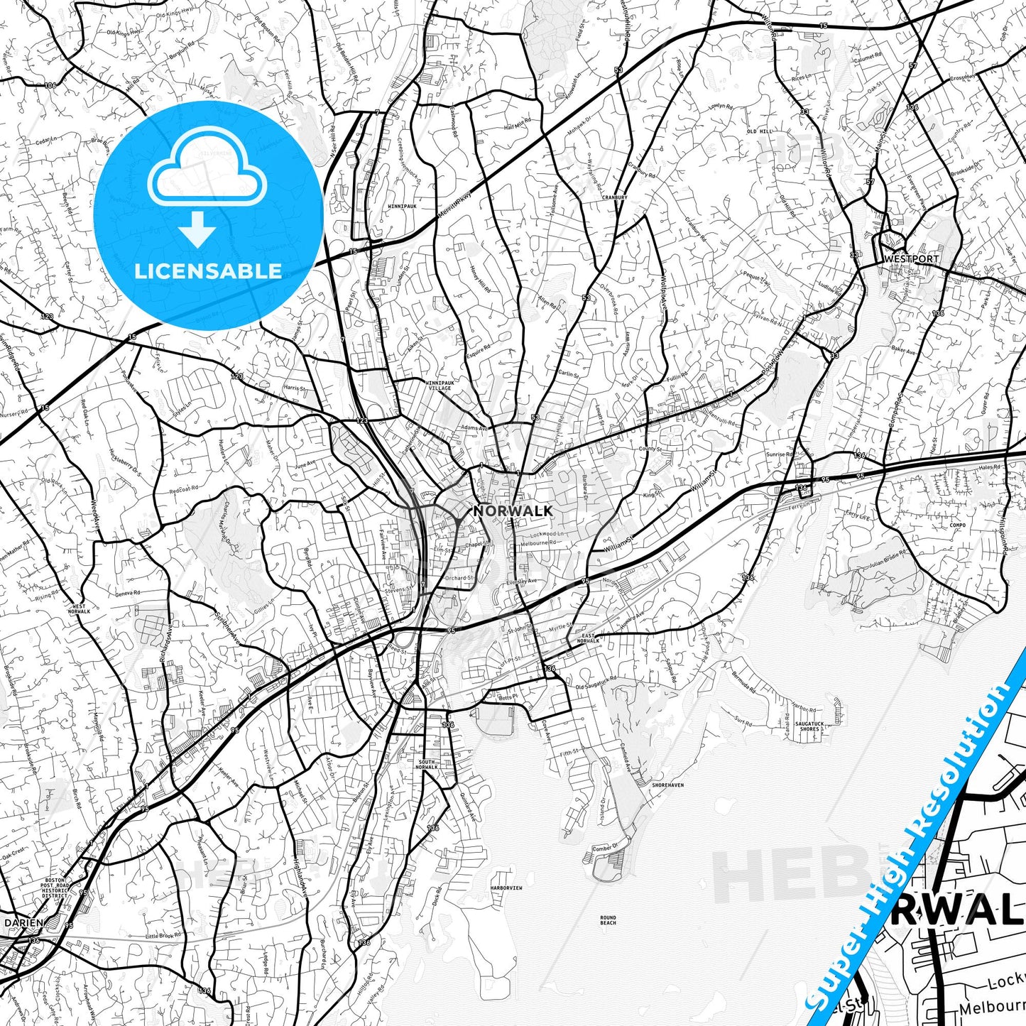 Norwalk, Connecticut Light Map with Street Names, City Names, and Districts