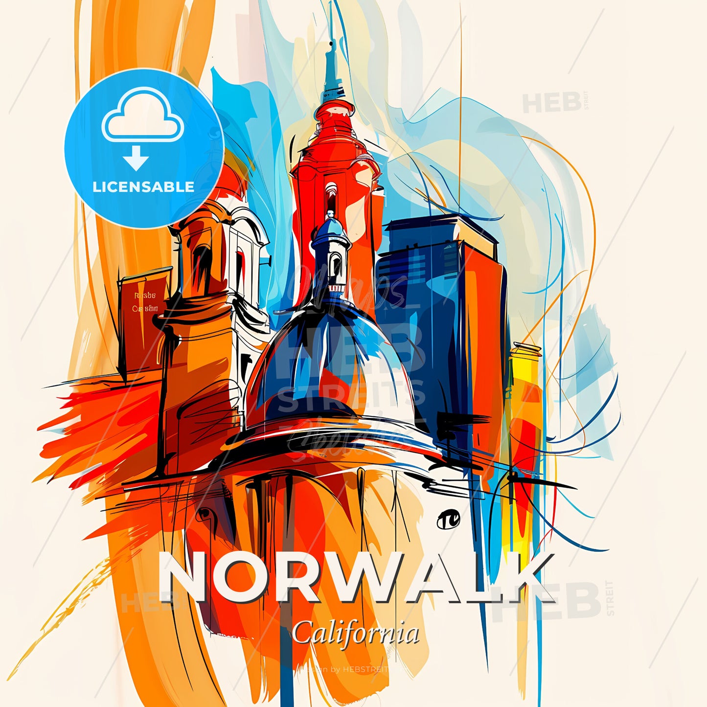 Vibrant Norwalk, California - A Colorful Drawing Of A Building - Square format print template