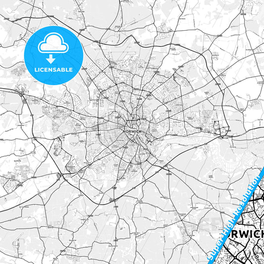 Norwich, England light map with streetnames, citynames and districts