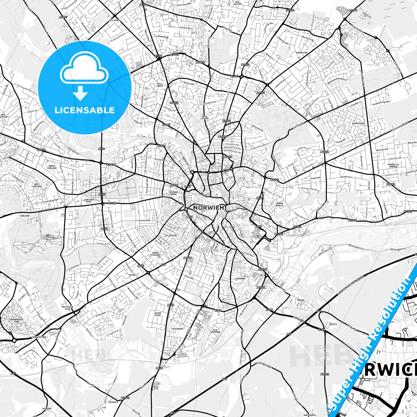 Norwich, England Light Map with Street Names, City Names, and Districts