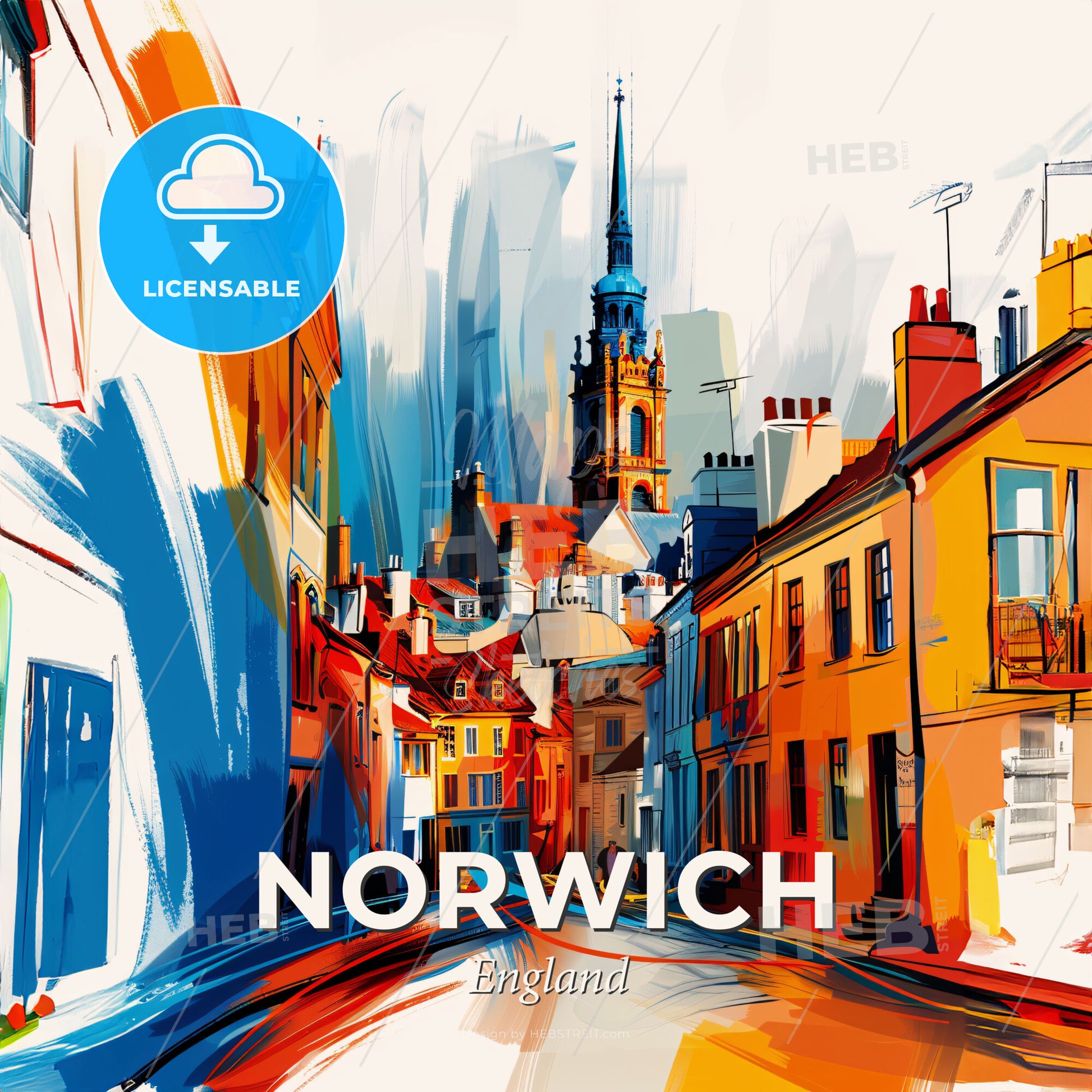 Vibrant Norwich, England - A Street With Buildings And A Steeple - Square format print template