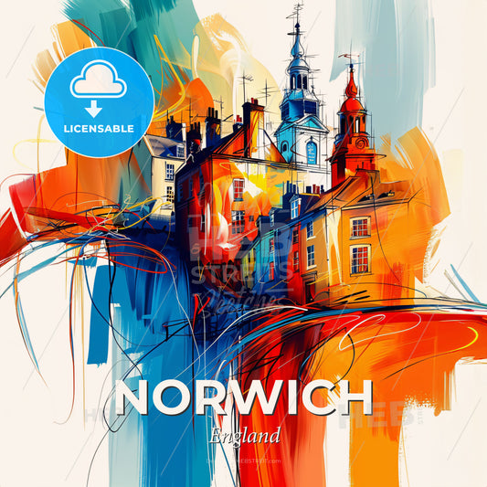 Vibrant Norwich, England - A Painting Of Buildings And Towers - Square format print template