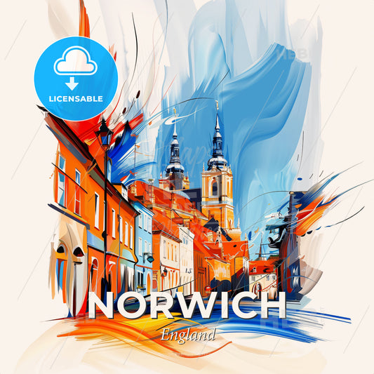 Vibrant Norwich, England - A Colorful Painting Of A Street With Buildings - Square format print template