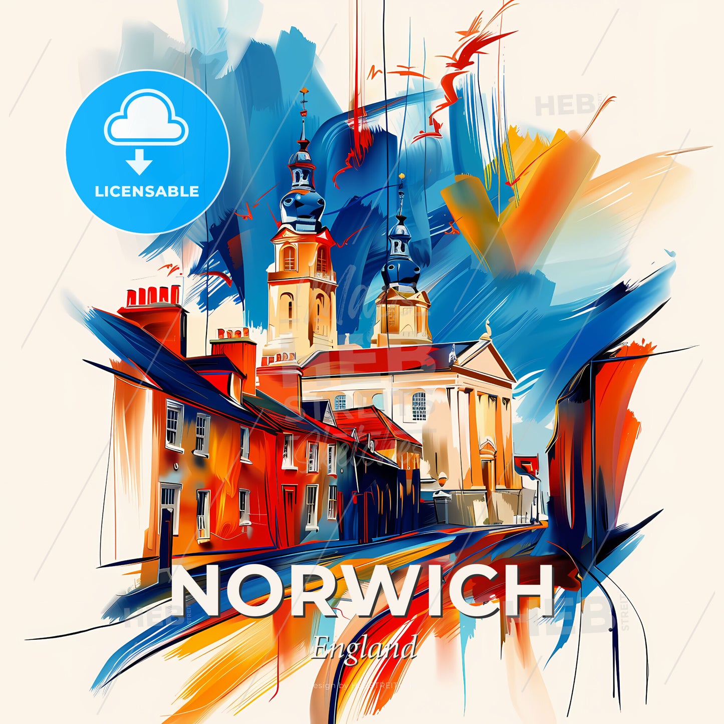 Vibrant Norwich, England - A Painting Of A Building With Towers - Square format print template