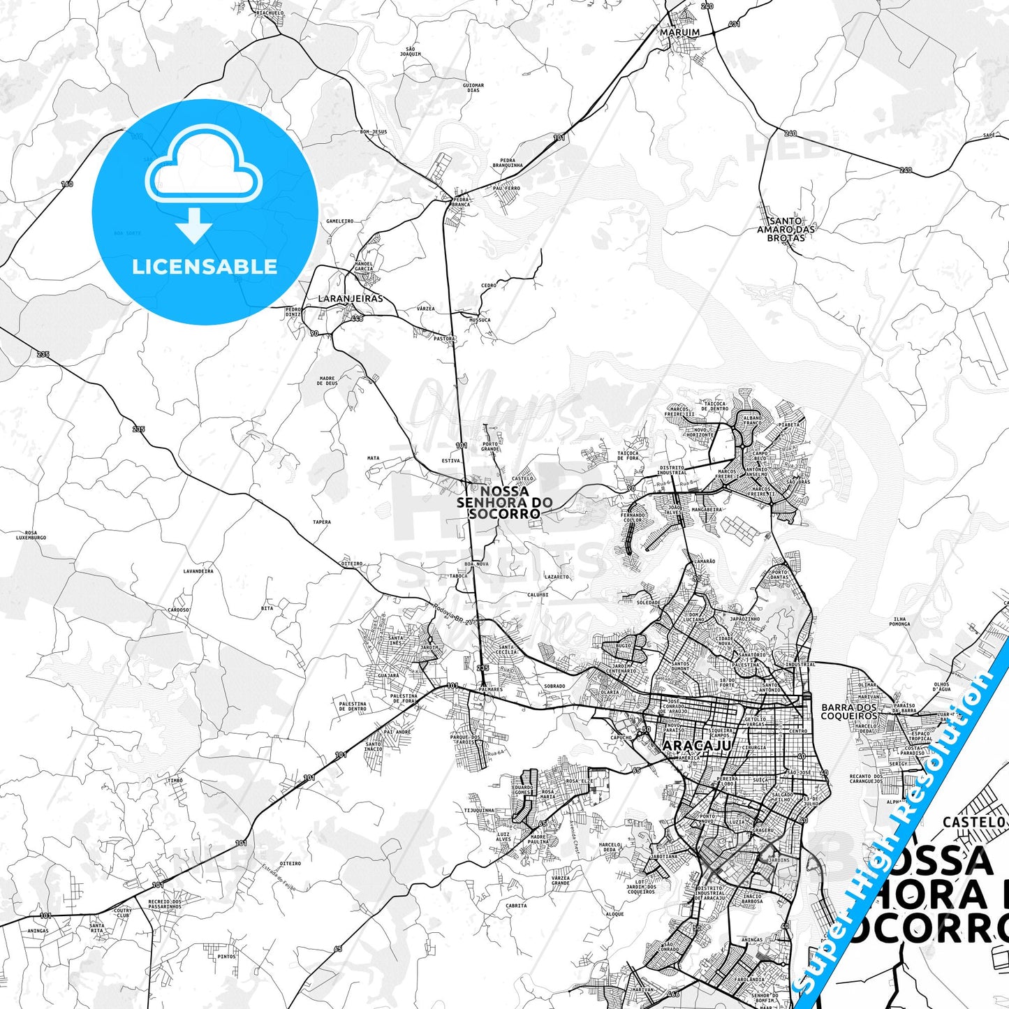 Nossa Senhora do Socorro, Brazil light map with streetnames, citynames and districts