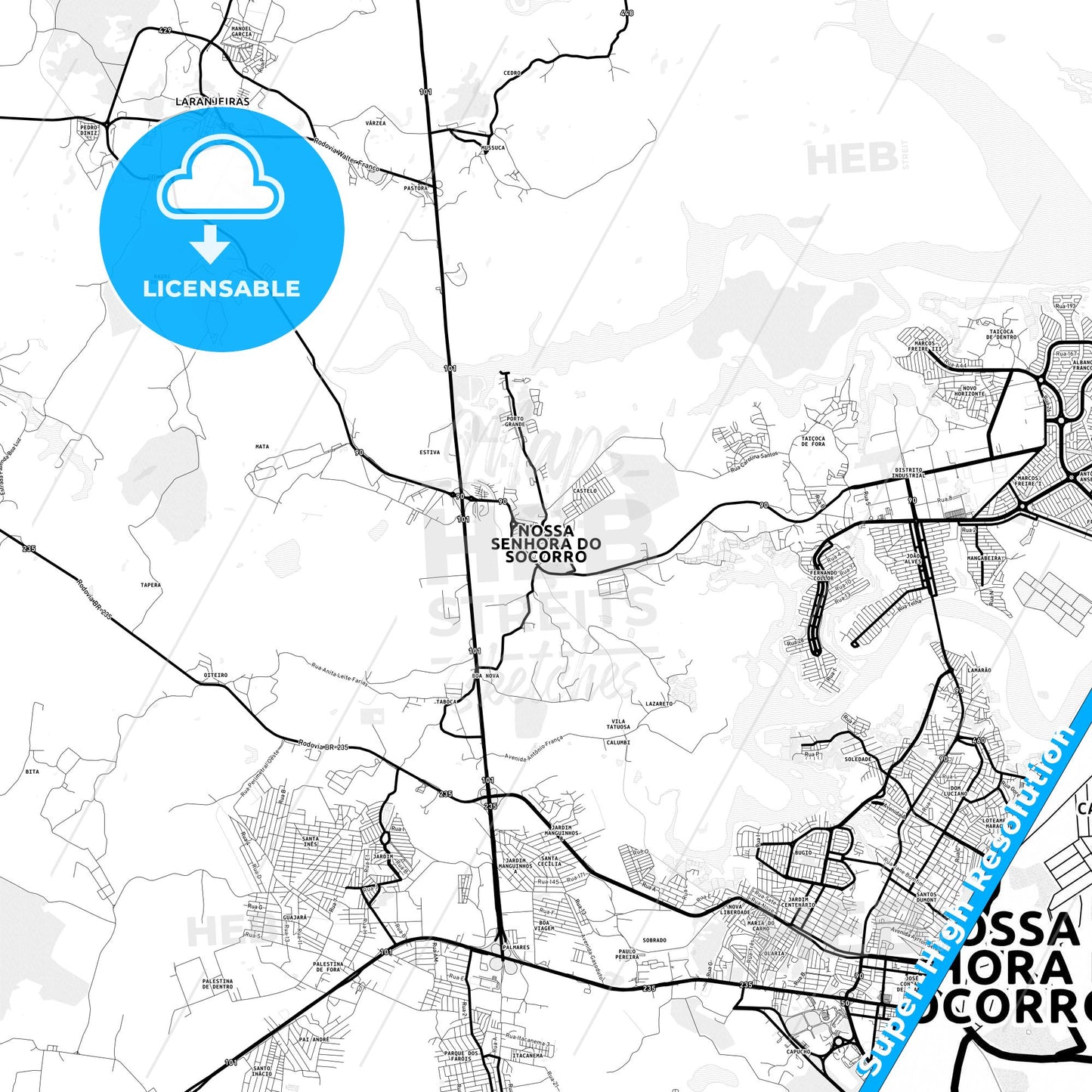 Nossa Senhora do Socorro, Brazil Light Map with Street Names, City Names, and Districts