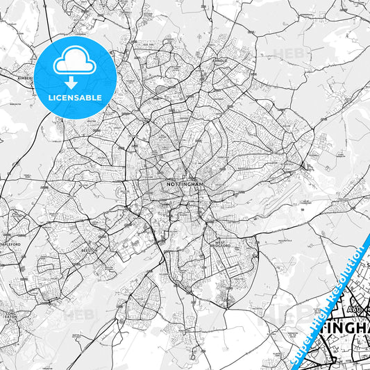 Nottingham, England light map with streetnames, citynames and districts